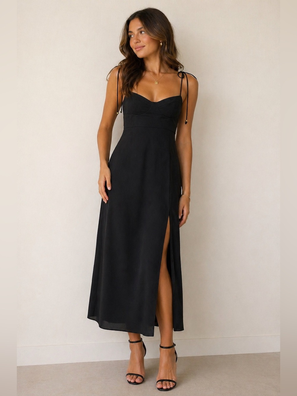 Petal & Pup Black Spaghetti-Tie Maxi Dress with Side Slit Size 6